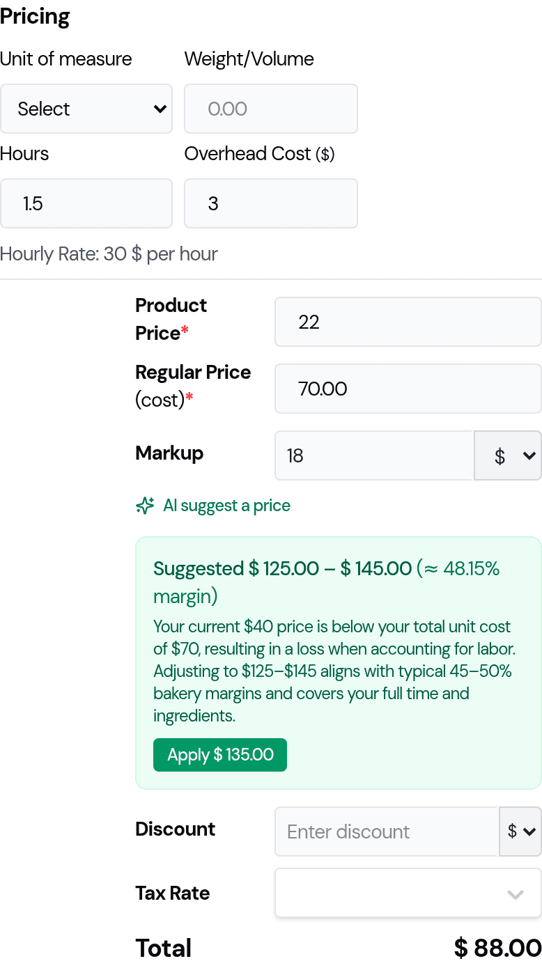 The product Pricing section with an 'AI suggest a price' link and an inline suggested price range, target margin, reason, and an Apply button.