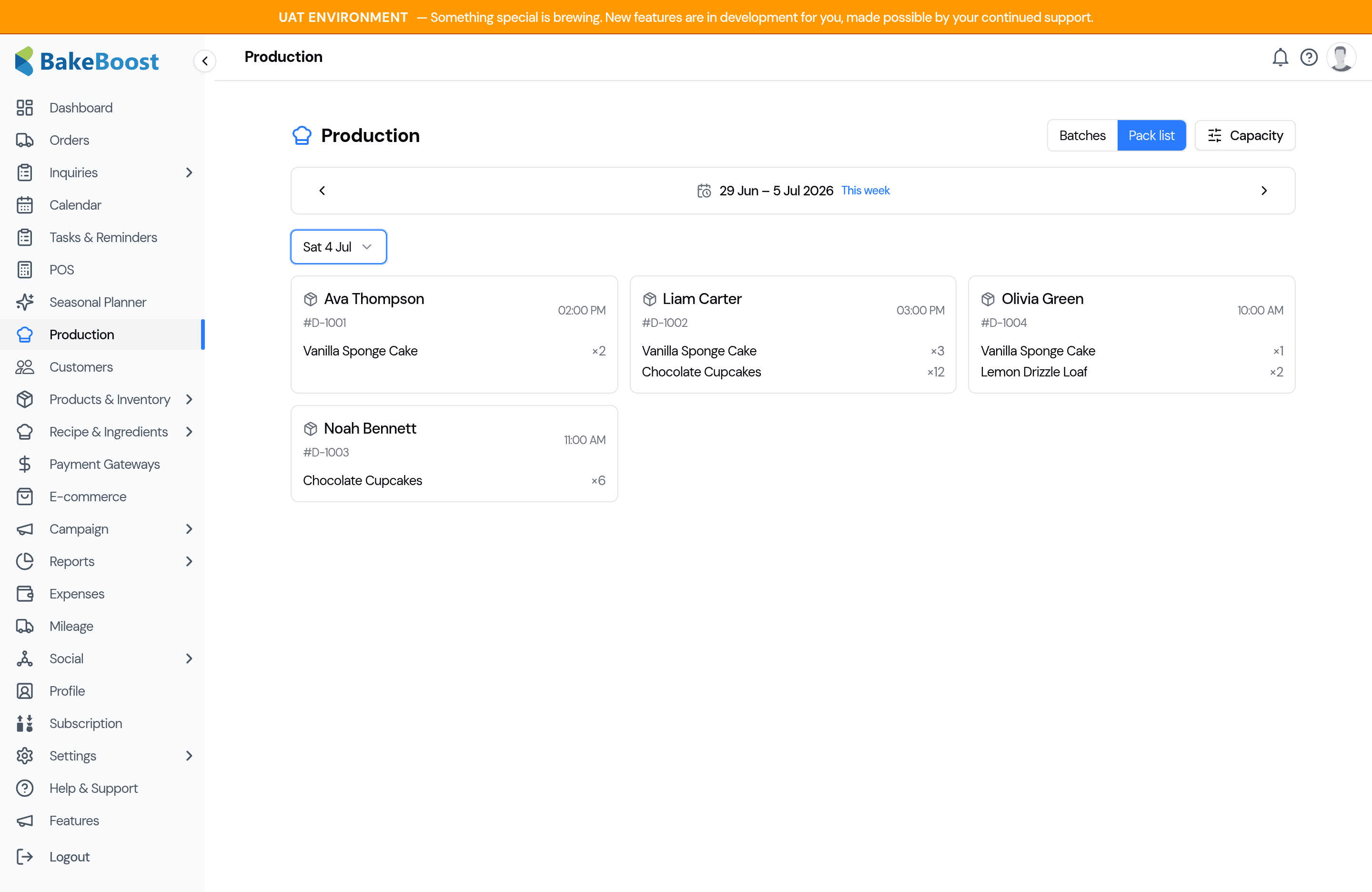 The pack list view for a day, showing a card per customer order with the delivery time and the items in that order