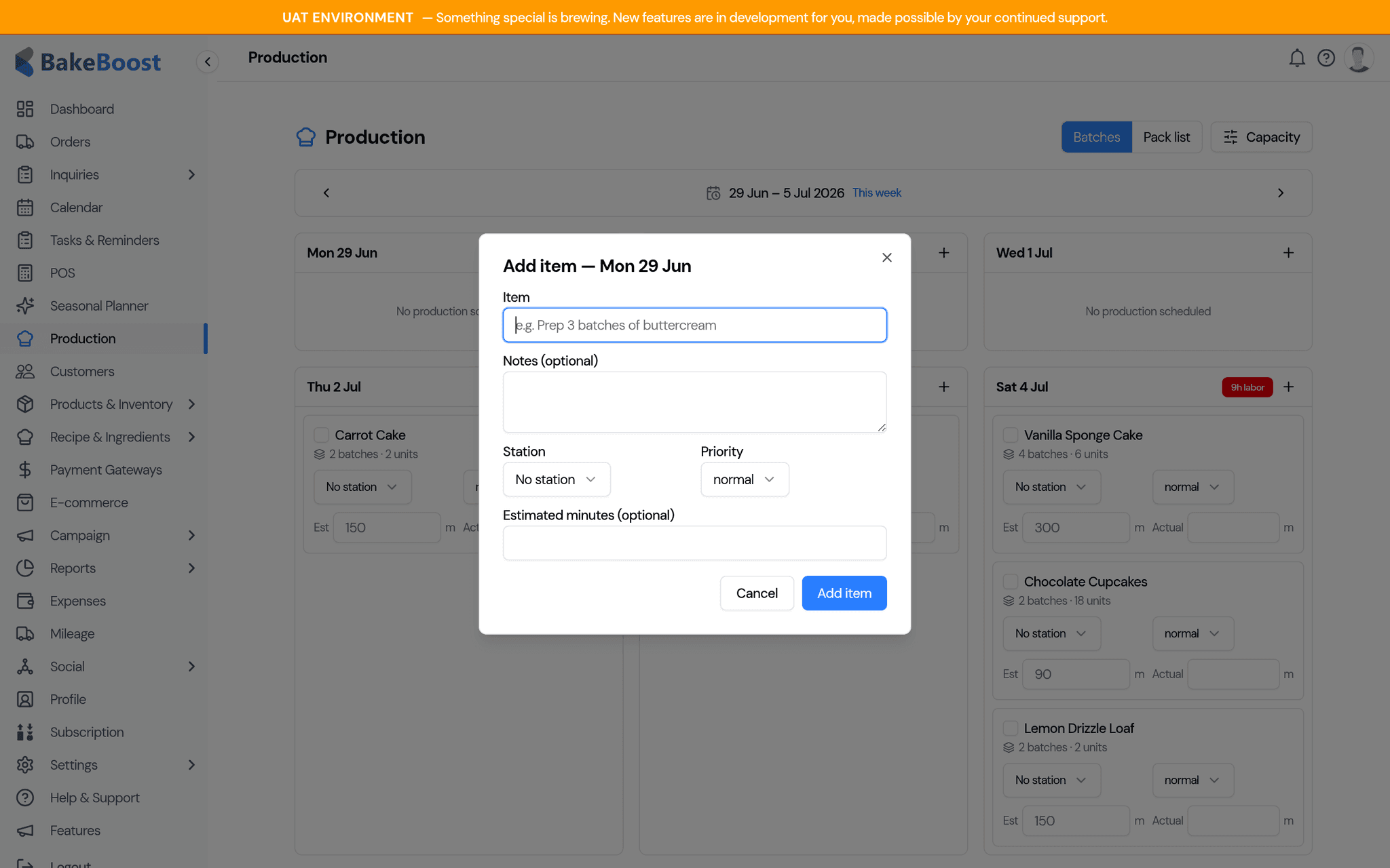 The Add item dialog with fields for the item name, notes, station, priority and estimated minutes