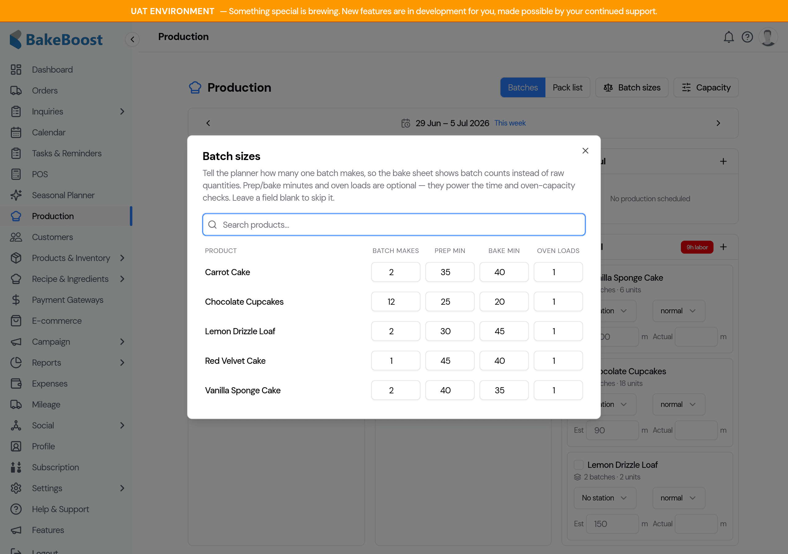 The Batch sizes dialog listing the baker's products with columns for batch makes, prep minutes, bake minutes and oven loads
