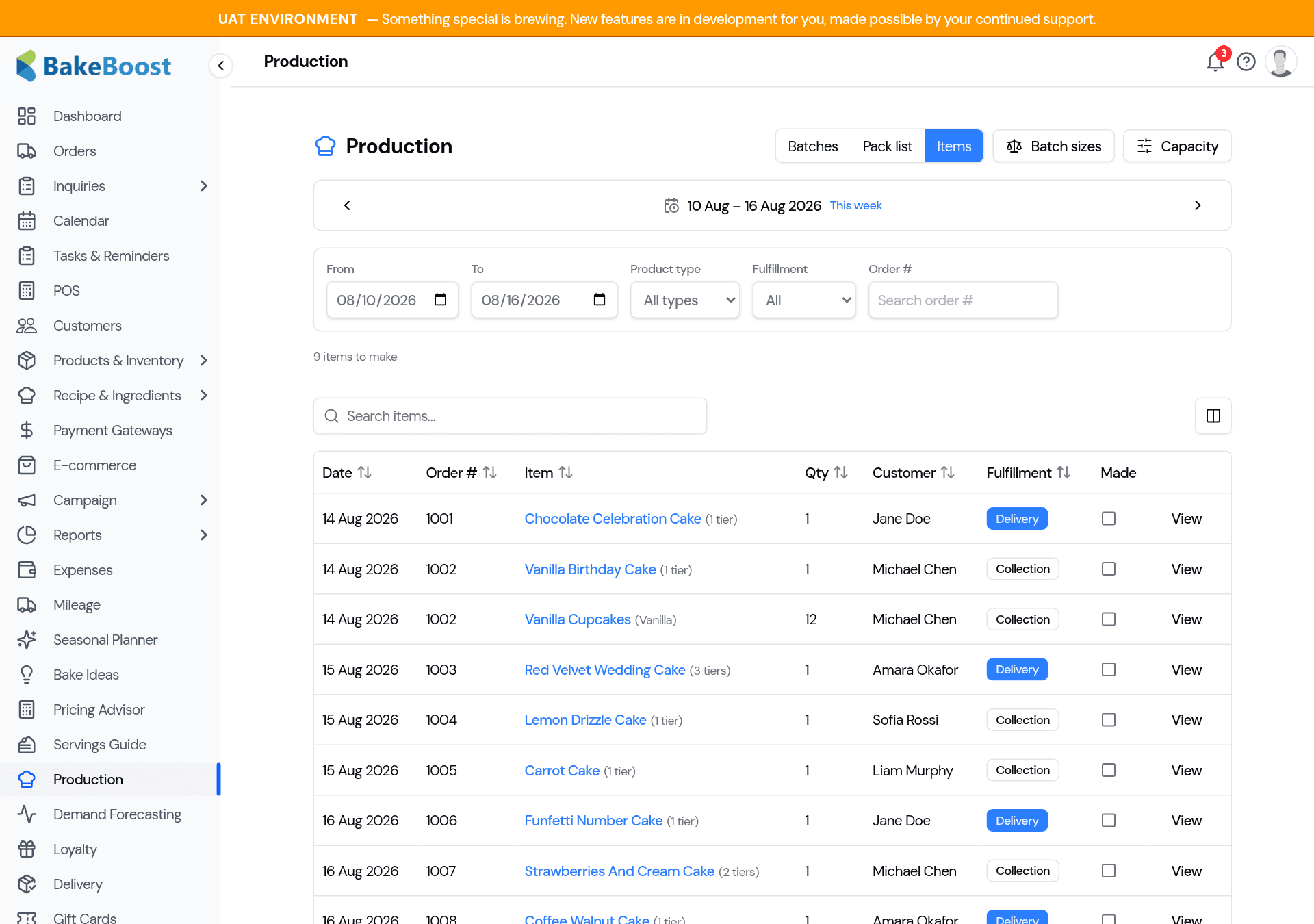 The Items view on the Production page, showing one row per item with columns for date, order number, item name with tier count, quantity, customer, fulfillment and a made marker