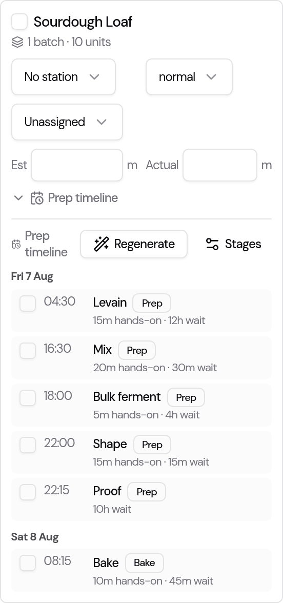 A Saturday sourdough batch expanded on the production board, its prep timeline showing the levain, mix, bulk ferment, shape and proof on Friday and the bake on Saturday morning, each with its time and hands-on/wait minutes