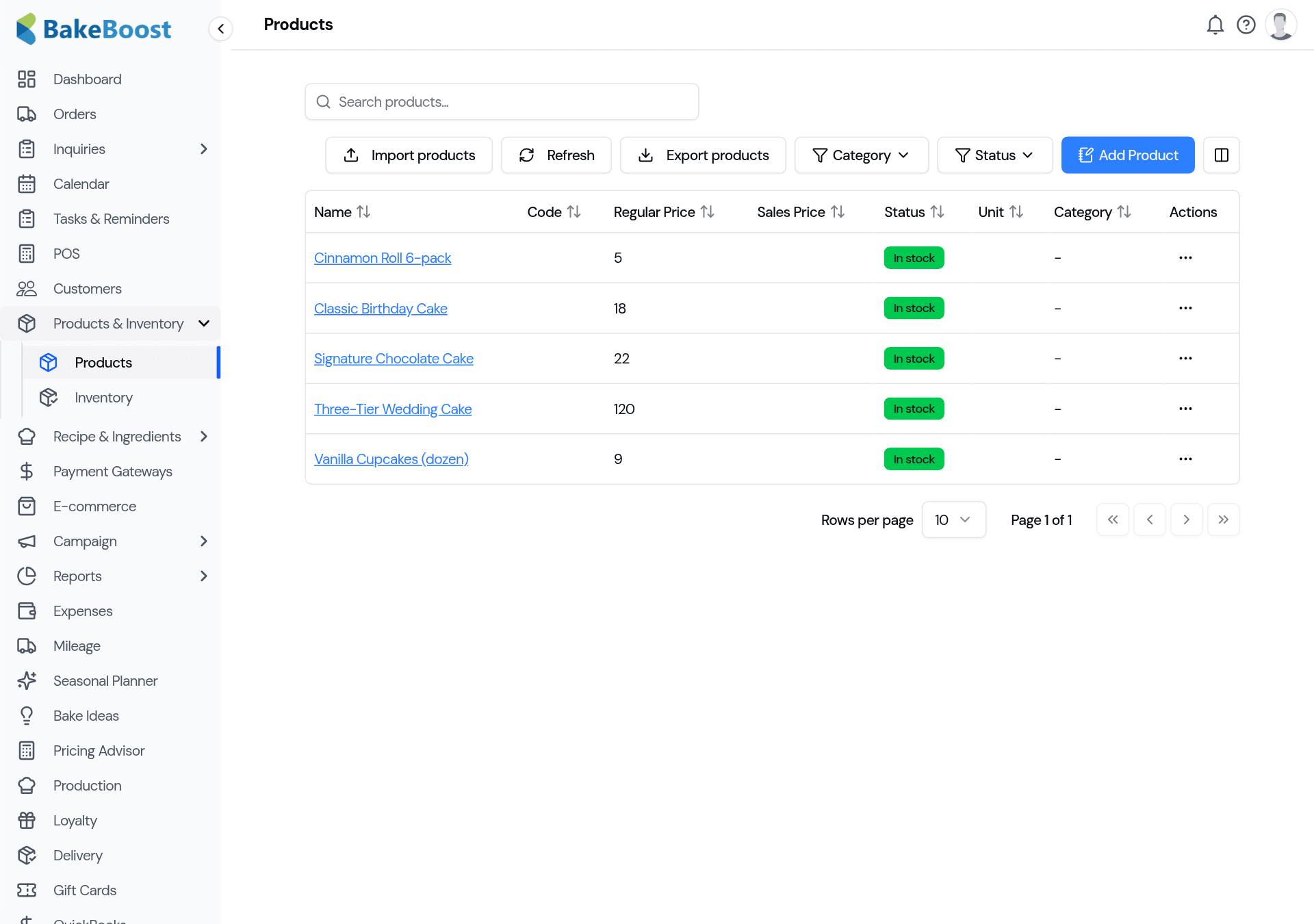 The Products list: a table showing product name, code, regular price, sales price, stock status and category, with an Add Product button.