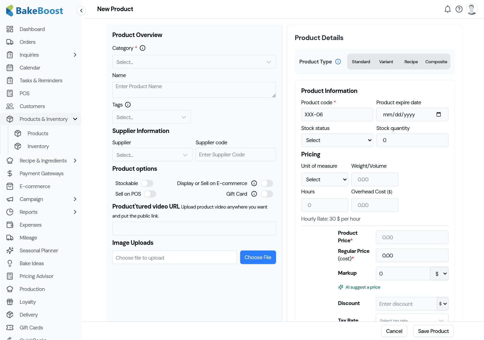 The new-product form: a Product Overview panel with category, name and image upload on the left, and a Product Details panel on the right with the Standard / Variant / Recipe / Composite type tabs and the pricing fields.