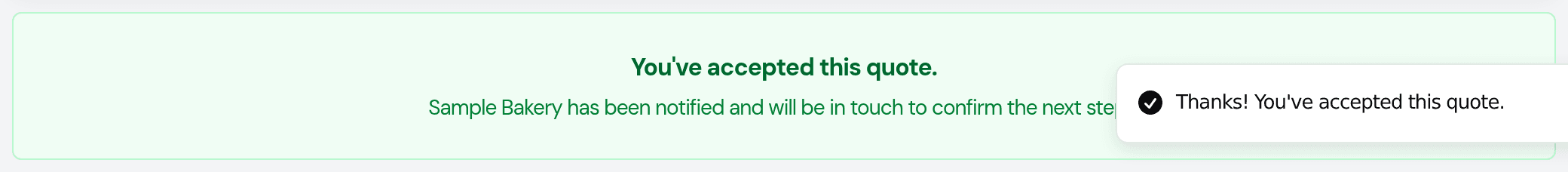 The quote page after the customer accepted, showing a green 'You've accepted this quote' confirmation