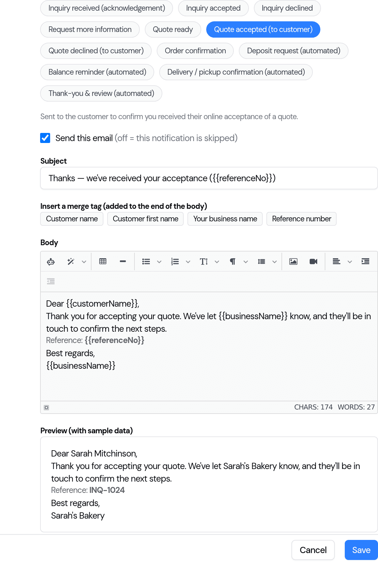 Settings → Email showing the customisable 'Quote accepted (to customer)' template with subject, merge tags, body editor and a live preview