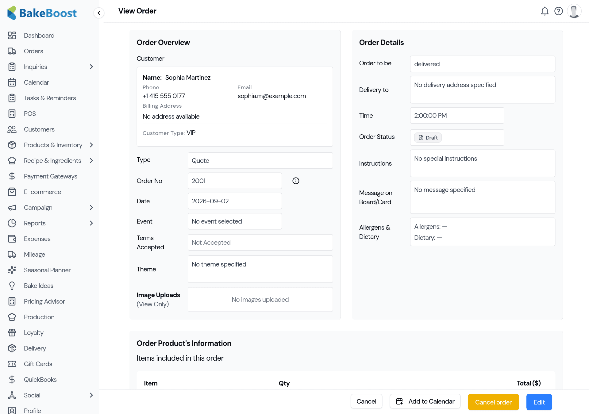 A quote open in the order view: the Order Overview shows the customer and a Type of Quote with its quote number, alongside the products, total and event details, and actions to edit, convert or cancel.
