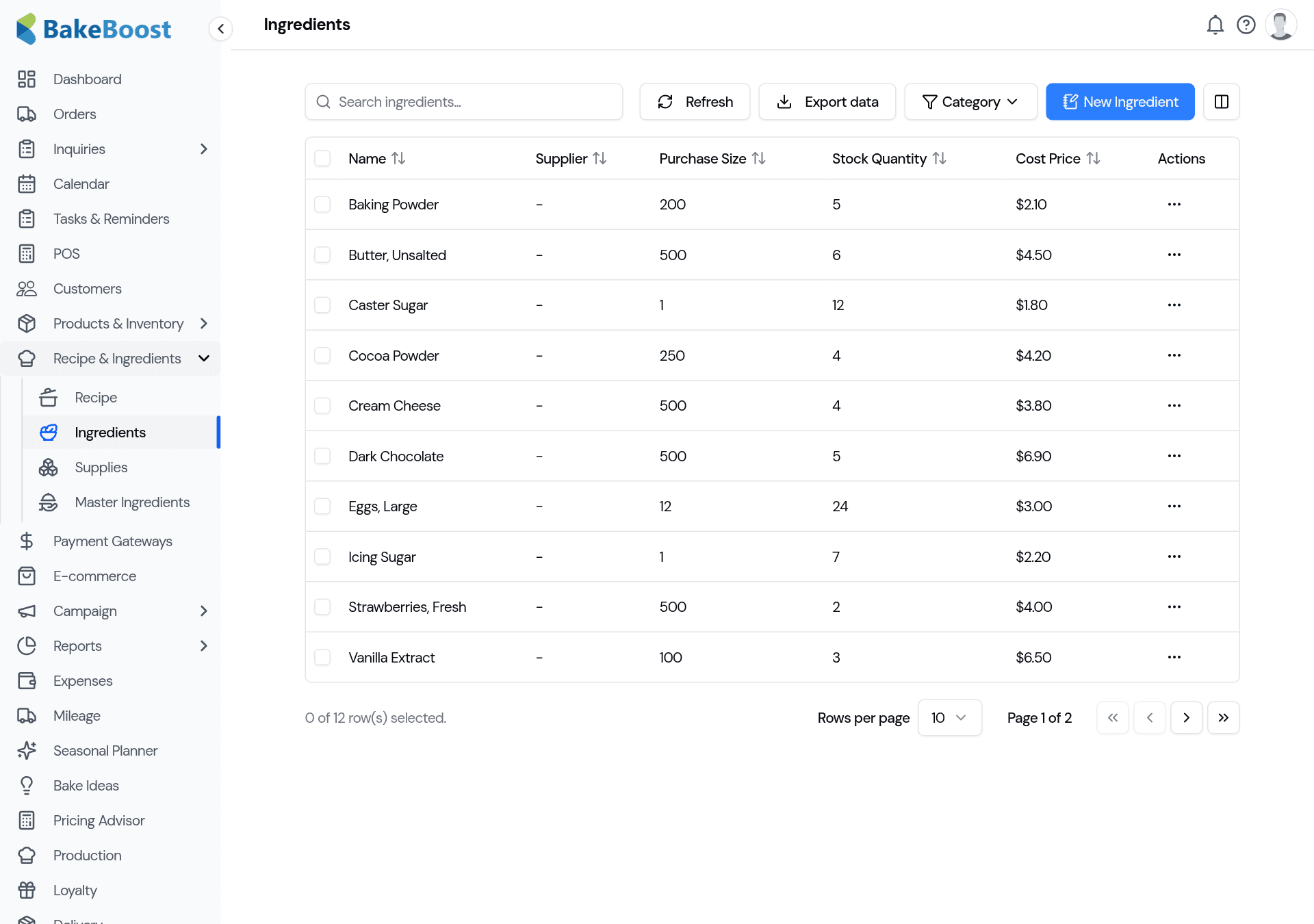 The Ingredients list: a table of ingredients with columns for name, supplier, purchase size, stock quantity and cost price, with a New Ingredient button.