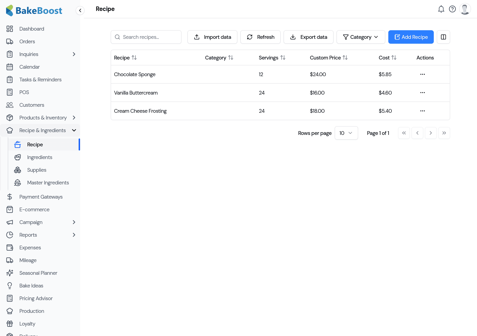 The Recipe list: a table showing recipe name, category, servings, custom price and cost.