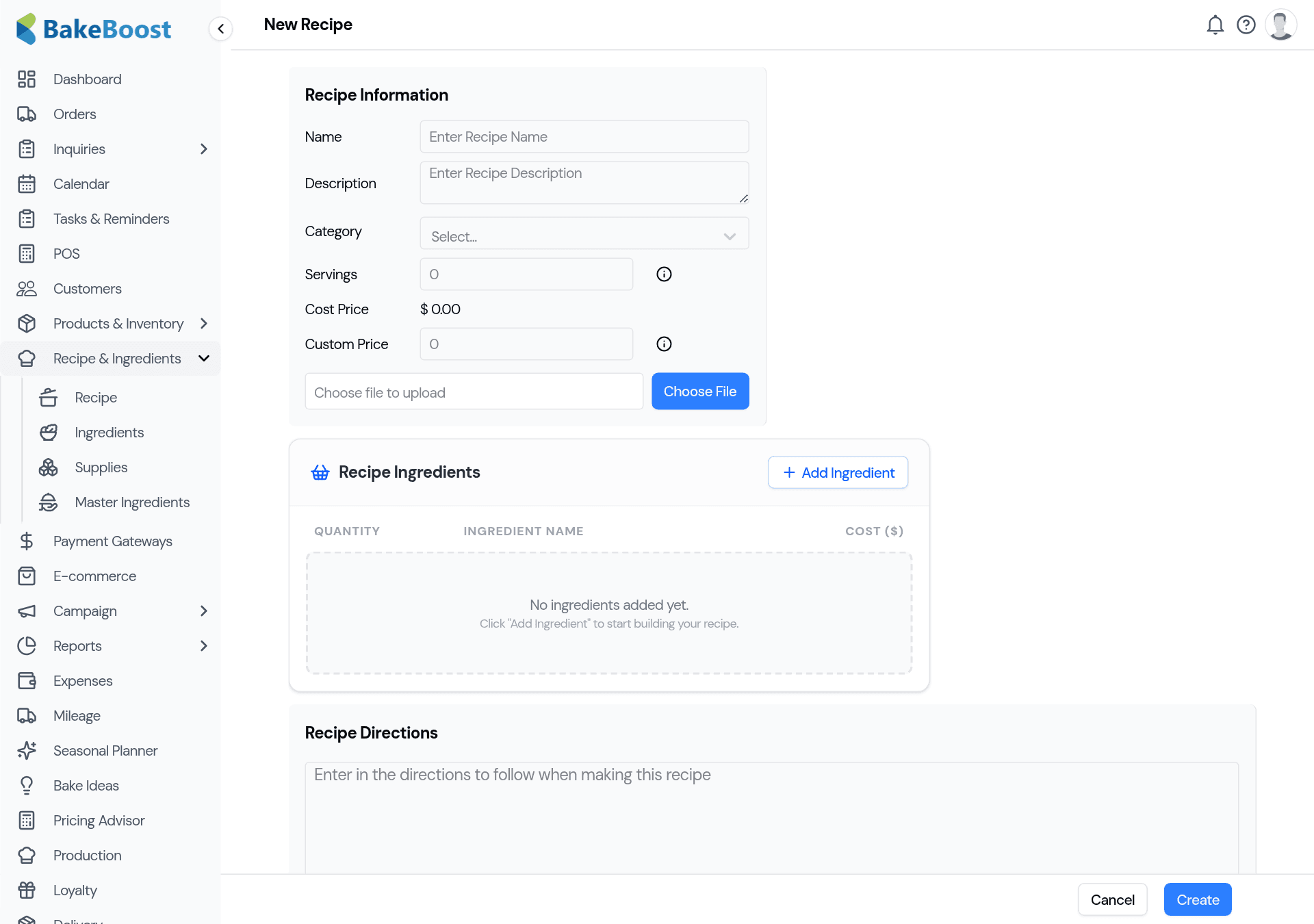 The Add Recipe form: fields for name, category and servings, an ingredients picker, and boxes for the method and storage information.