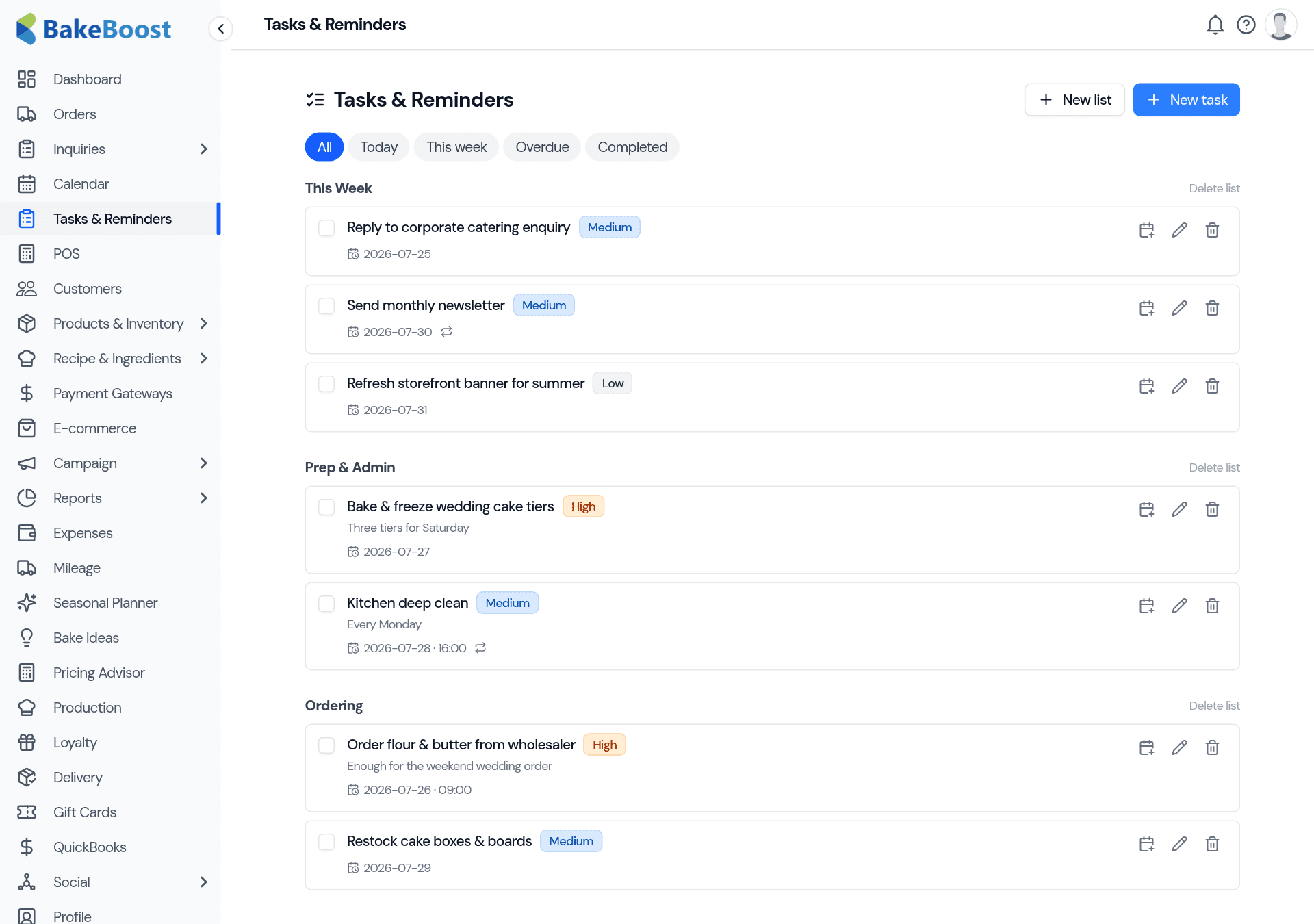 The Tasks & Reminders page: filter tabs (All, Today, This week, Overdue, Completed) above tasks grouped into lists such as This Week, Prep & Admin and Ordering, each task showing a priority badge and due date.