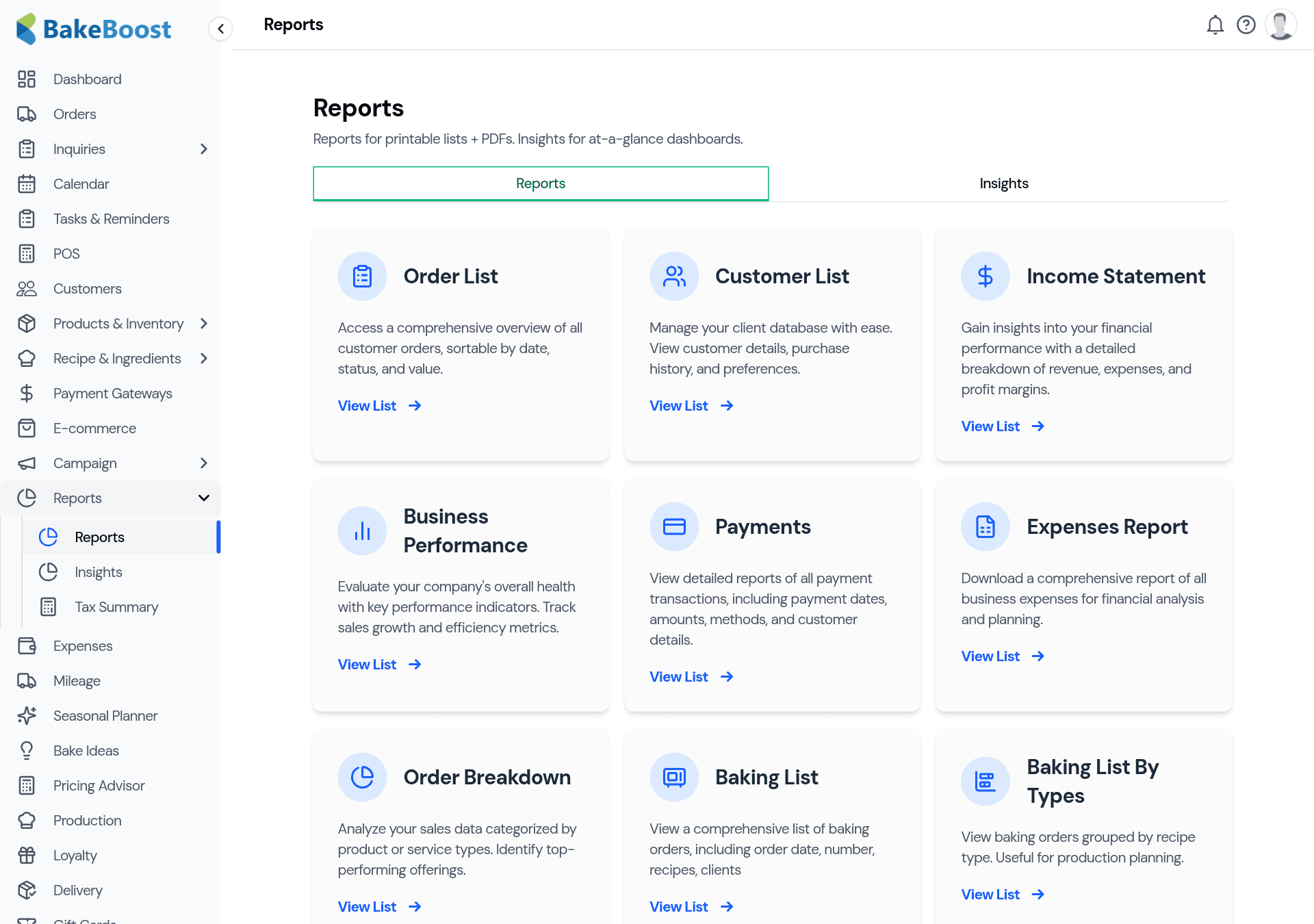 The Reports tab: a grid of report cards including Order List, Customer List, Income Statement, Business Performance, Payments, Expenses Report, Order Breakdown and baking lists.