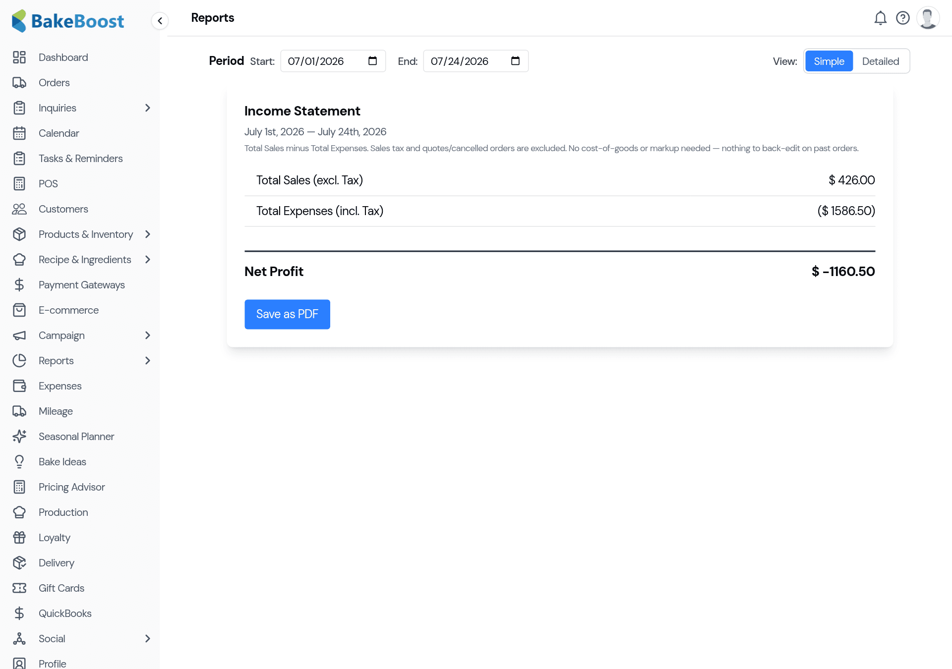 The Income Statement in Simple view: Total Sales minus Total Expenses giving Net Profit for the chosen period, with a Save as PDF button and a Simple / Detailed toggle.