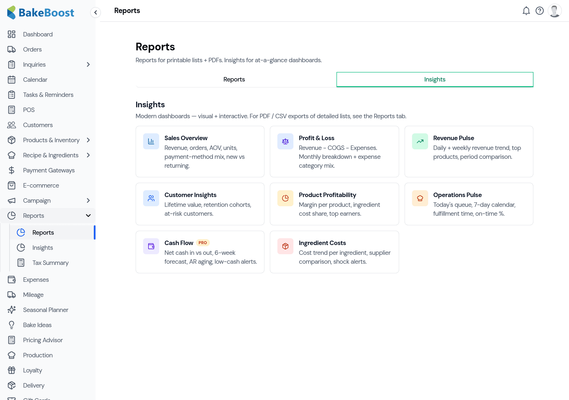 The Insights tab: a grid of dashboard cards including Sales Overview, Profit & Loss, Revenue Pulse, Customer Insights, Product Profitability, Operations Pulse, Cash Flow and Ingredient Costs.
