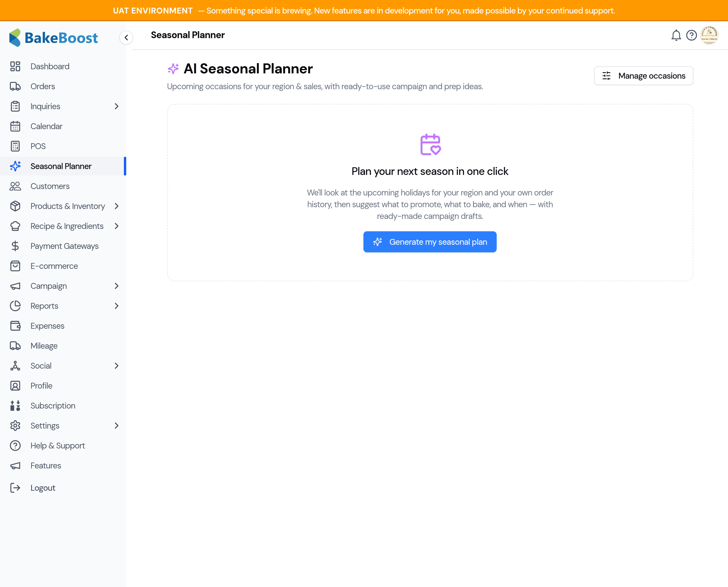 The Seasonal Planner start screen with a Generate my seasonal plan button