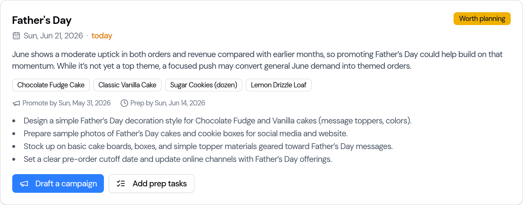 A single opportunity card for Father's Day showing the date, why-it-matters text, recommended products, promote-by and prep-by dates, and a prep checklist