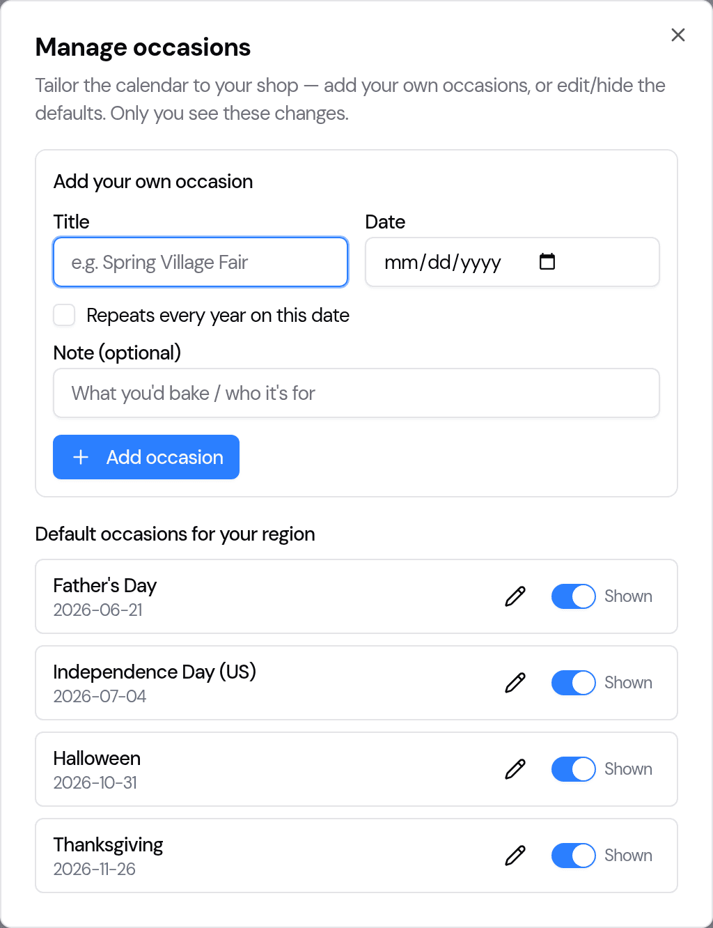 The Manage occasions panel with a form to add your own occasion and a list of the region's default occasions, each with an edit pencil and a show/hide toggle