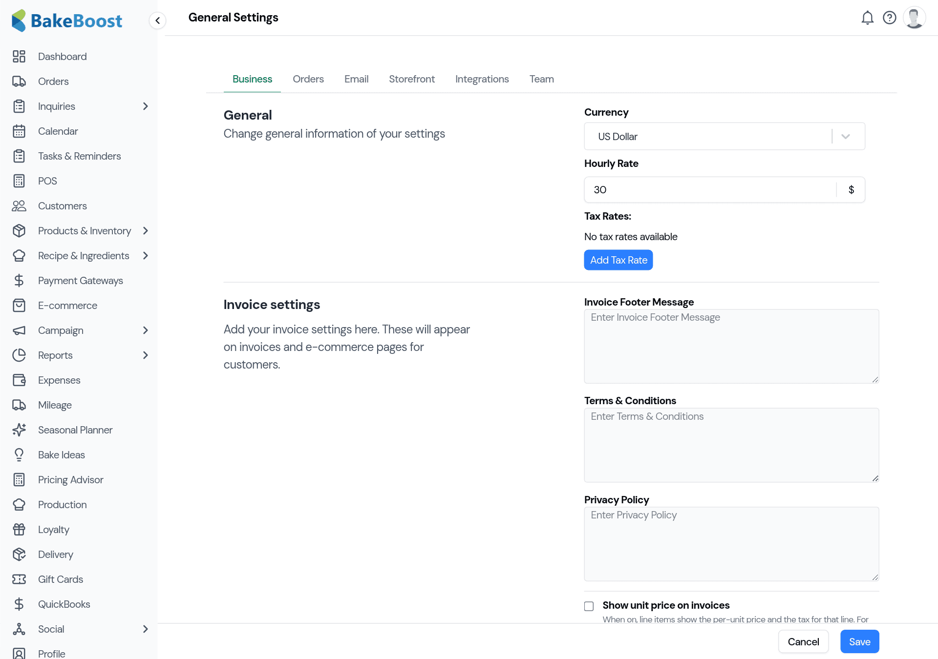 The General Settings page with tabs across the top — Business, Orders, Email, Storefront, Integrations, Team — showing the Business tab with currency, hourly rate, tax rates and invoice settings.