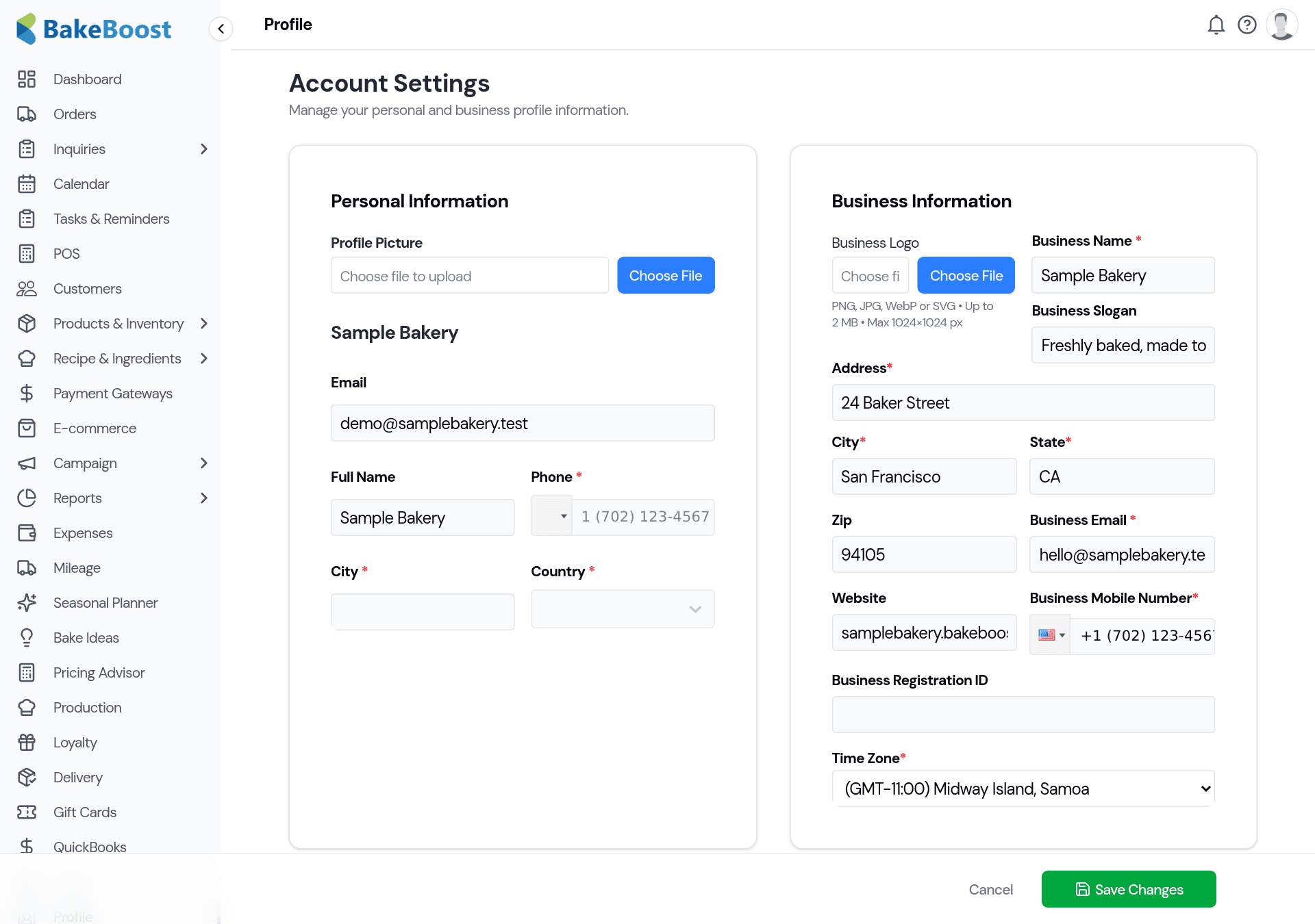 The Profile / Account Settings page: a Personal Information panel with your name, email and phone, and a Business Information panel with business name, slogan, logo, address, email, website and time zone.