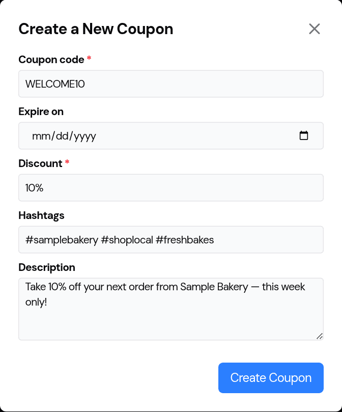 The Create a New Coupon dialog: a coupon code, an expiry date, a discount, hashtags, and a description, with a Create Coupon button.
