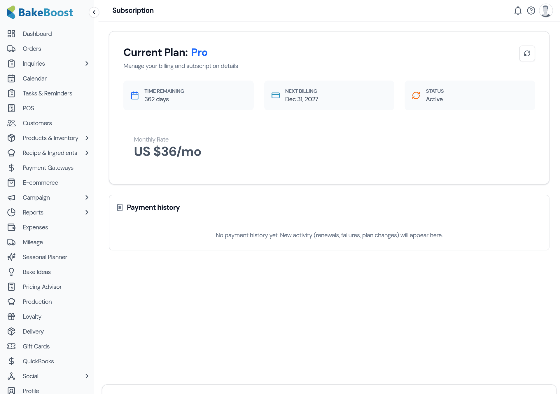 The Subscription page: a Current Plan card showing the plan name (Pro), time remaining, next billing date, status and monthly rate, above a Payment history section.