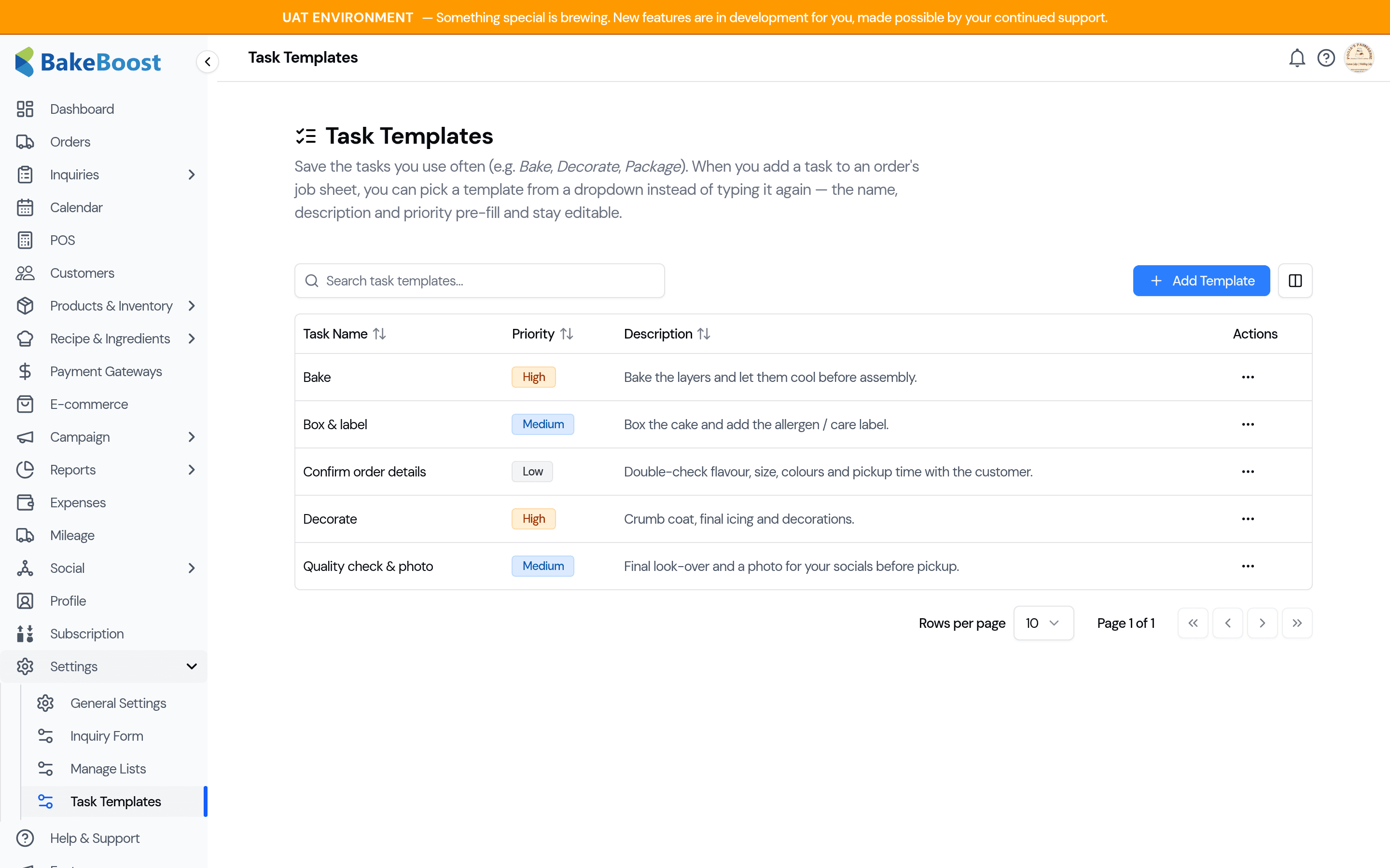 The Task Templates page under Settings, listing saved templates with their priority and description