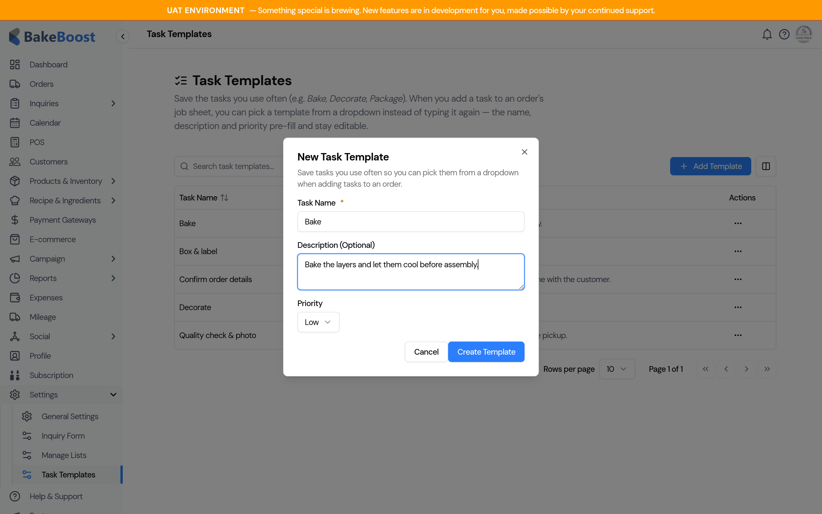 The New Task Template dialog with name, description and priority fields