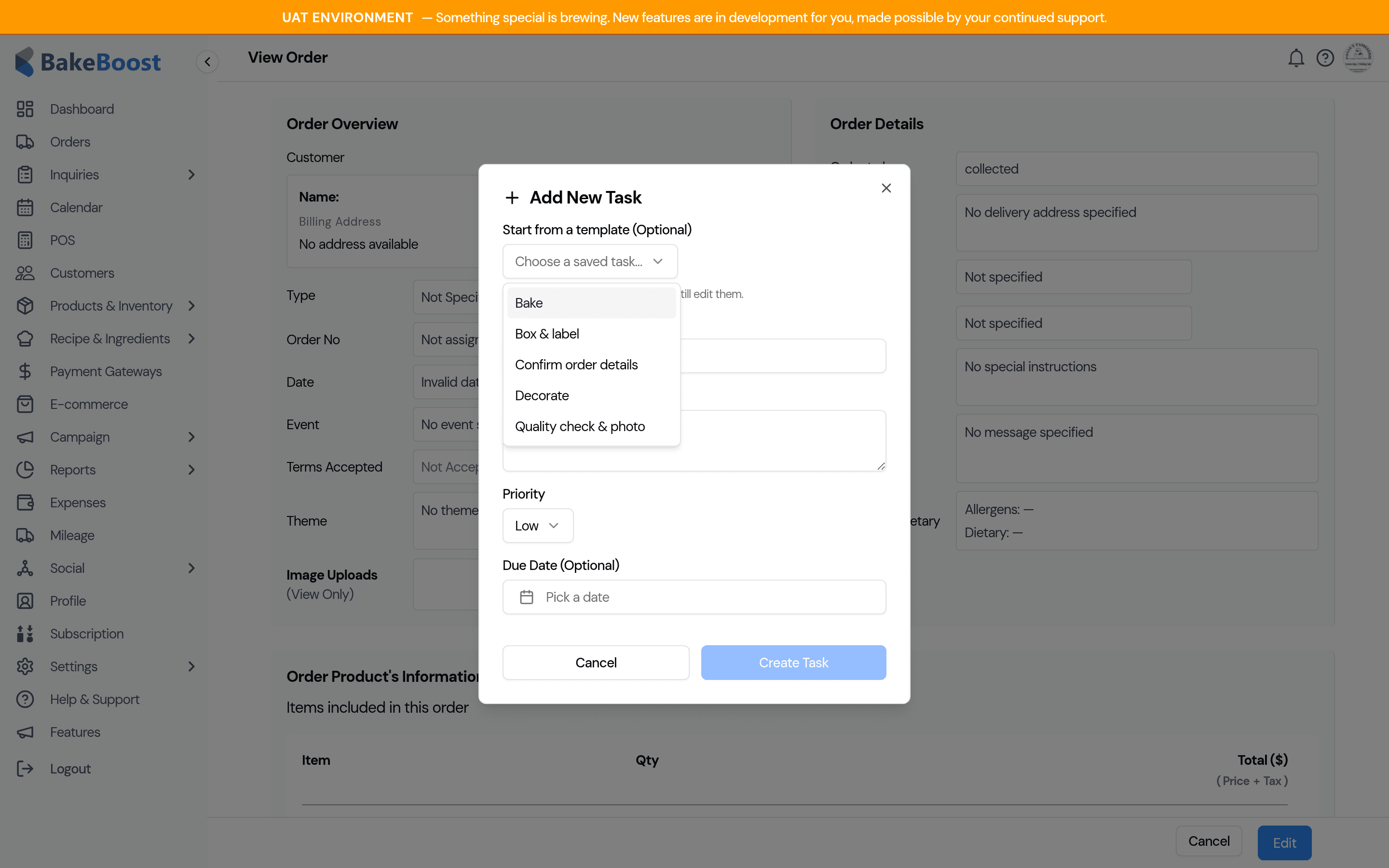 The Add New Task dialog on an order, with the Start from a template dropdown open showing the saved templates